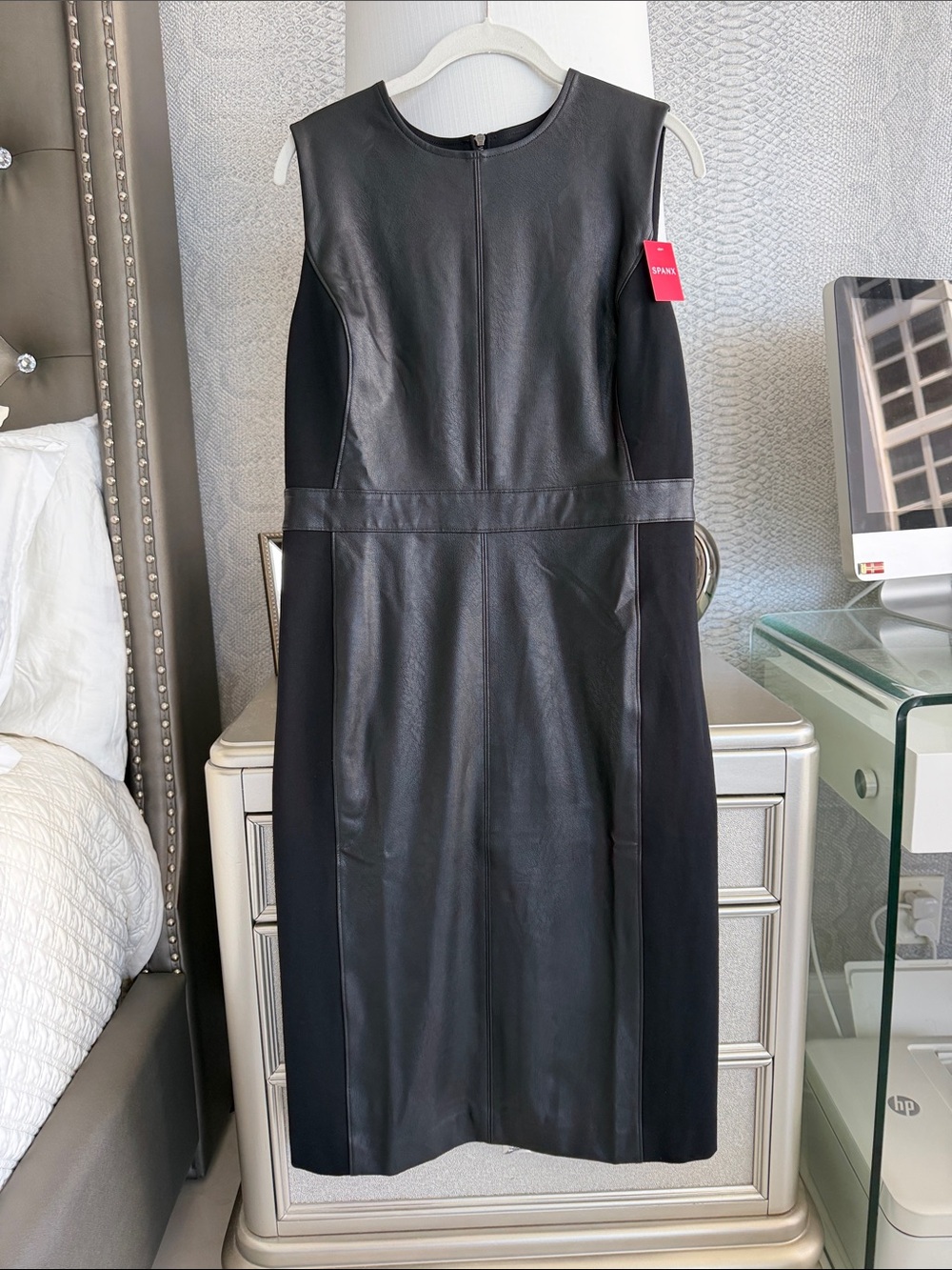SPANX Black Faux Leather Paneled Midi Sheath Dress NWT Large - Picture 8 of 16